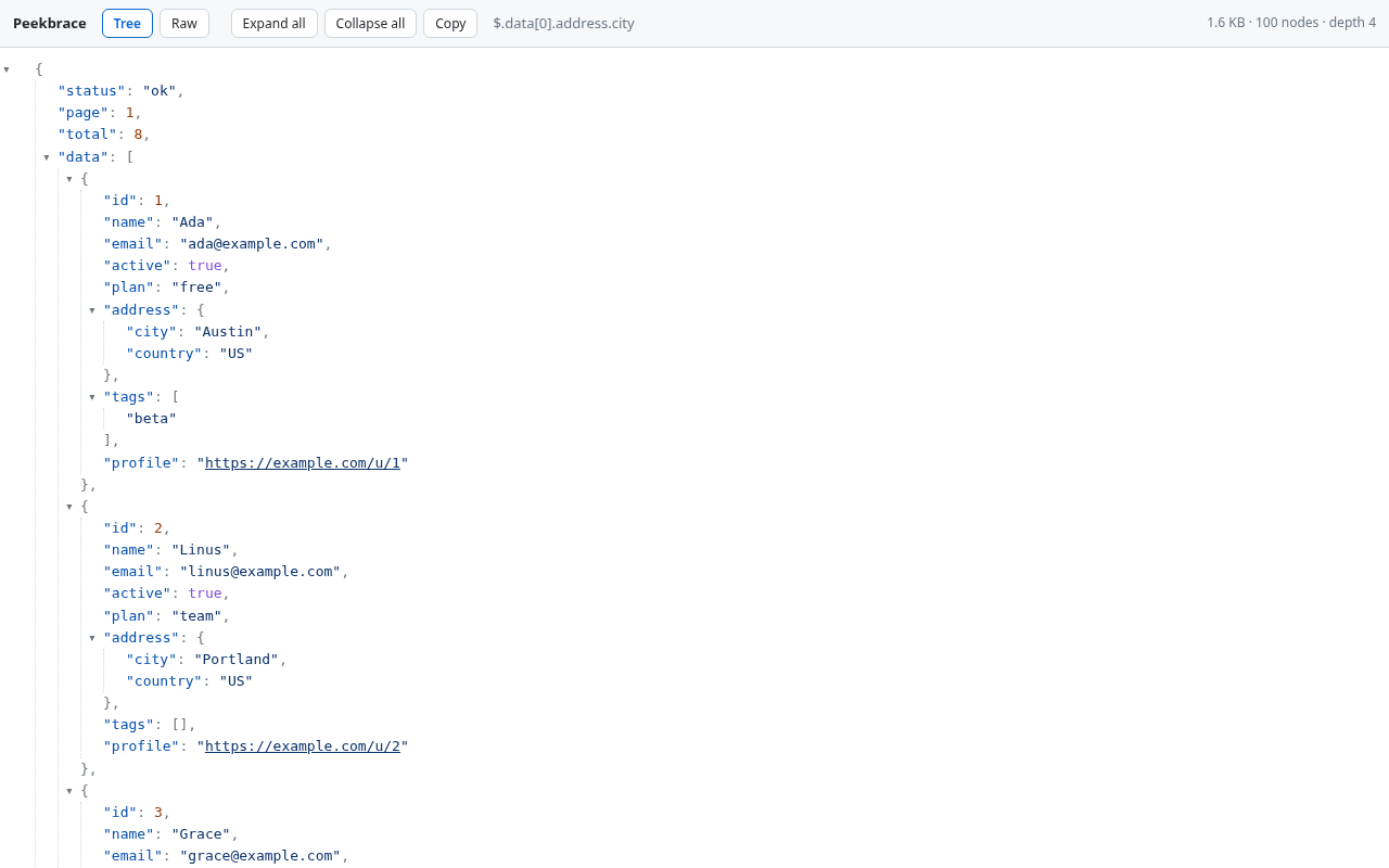 Peekbrace tree view of a sample JSON response, light theme